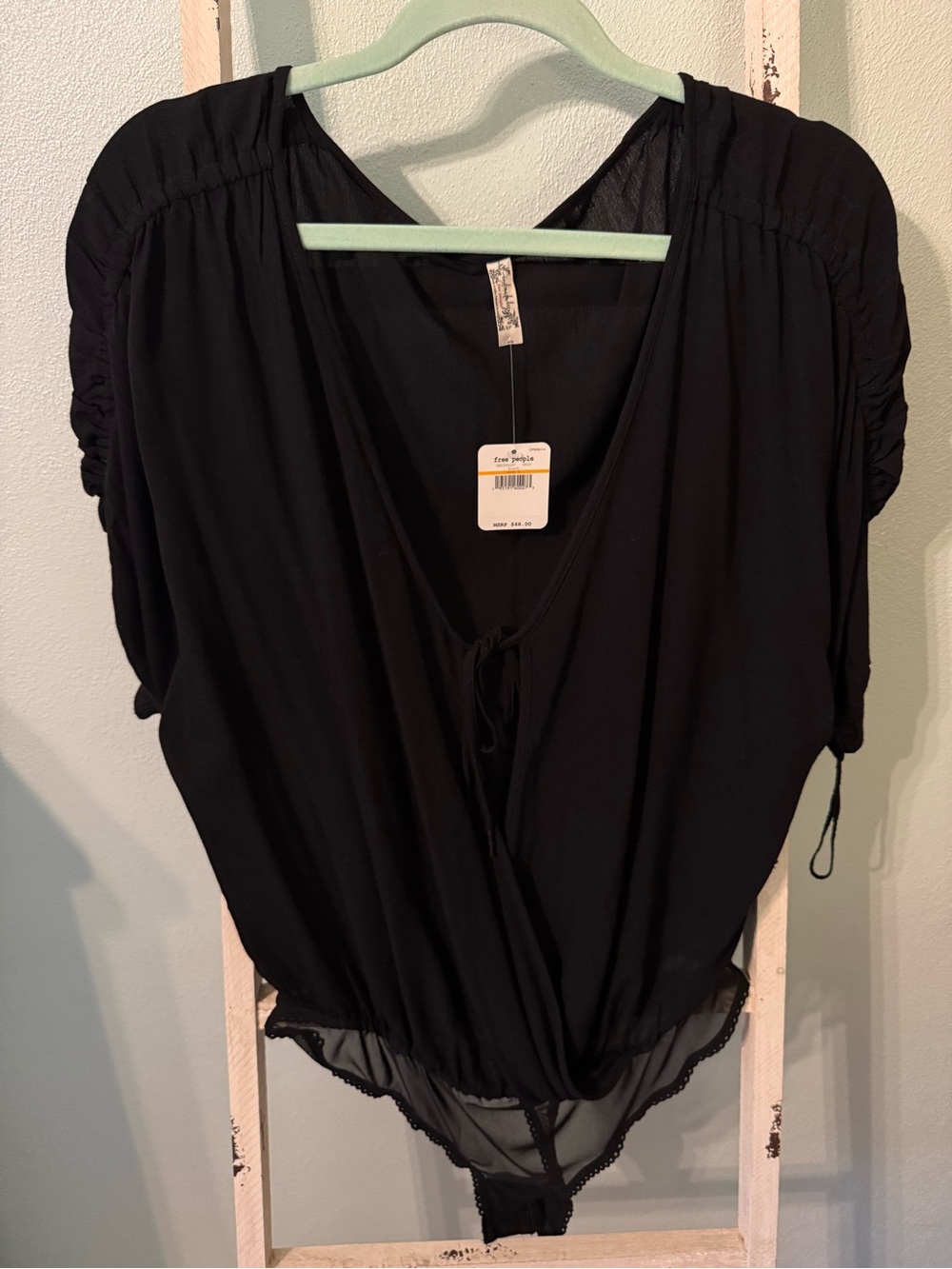 NWT Free People Cleo Bodysuit Tie Cutout Black V Neck Short Sleeve Ruffle Small